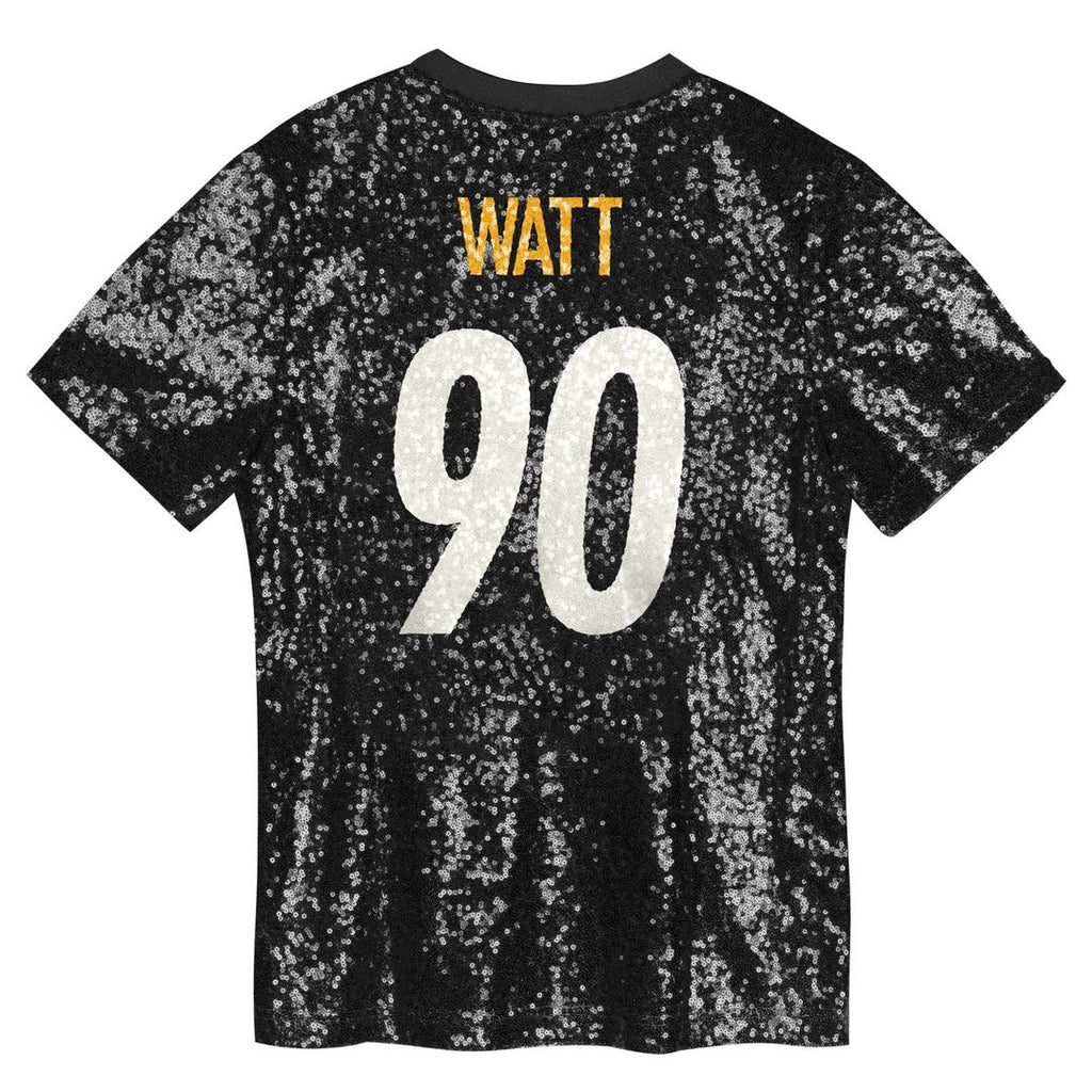 T.J. Watt Pittsburgh Steelers Girls Youth Sequin V-Neck Fashion Jersey - Black